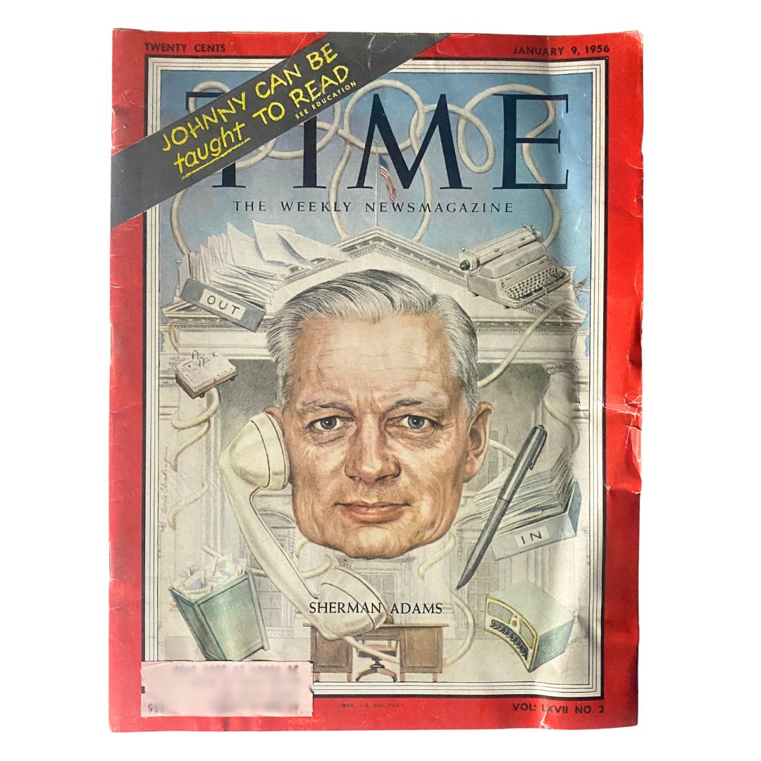 Cover of VTG Time Magazine January 9, 1956, featuring a portrait of Sherman Adams and a prominent educational tagline. This vintage edition represents mid-20th century media.