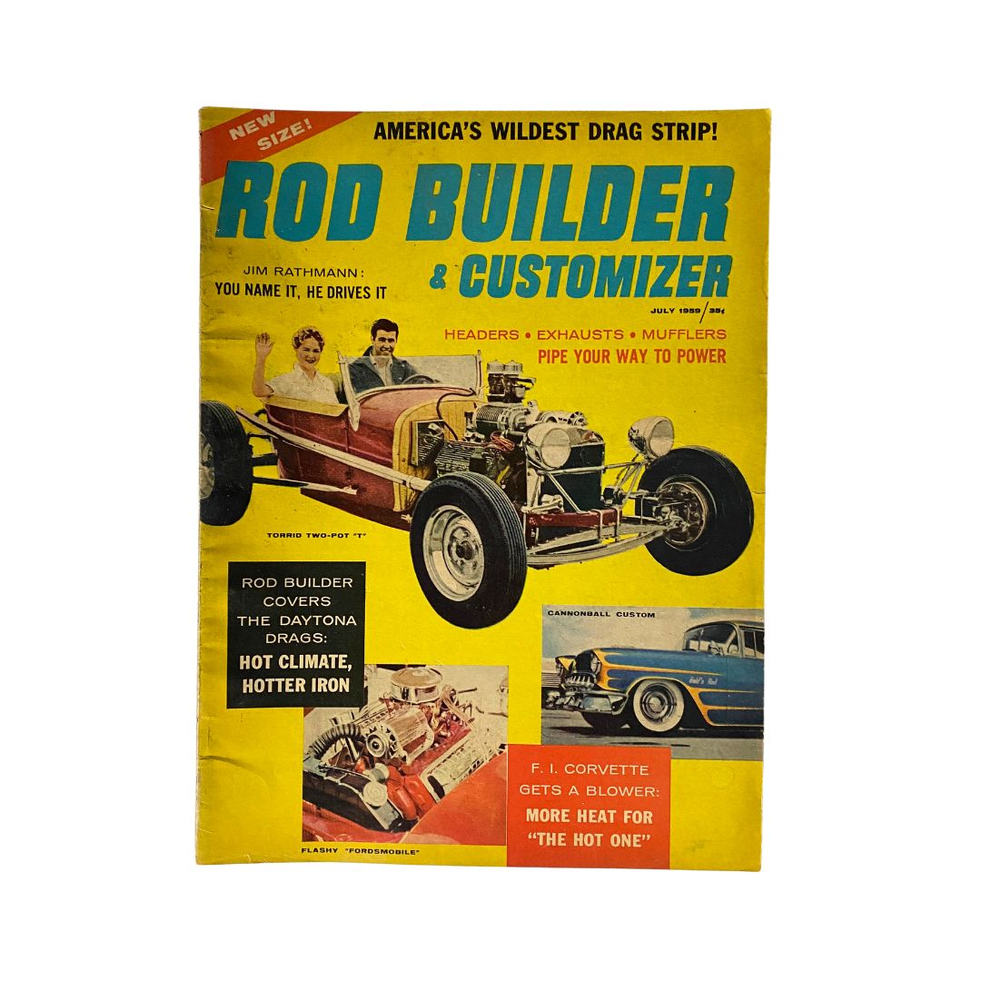 Rod Builder & Customizer Magazine July 1959 featuring the Torrid Two-Pot 'T' on the cover, highlights automotive customization and drag racing culture of the 1950s.