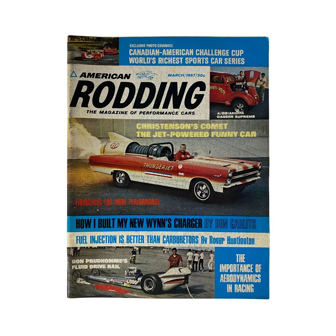Cover of American Rodding Magazine March 1967 featuring the Canadian-American Challenge Cup, showcasing vintage performance cars with articles on motorsports and automotive design.