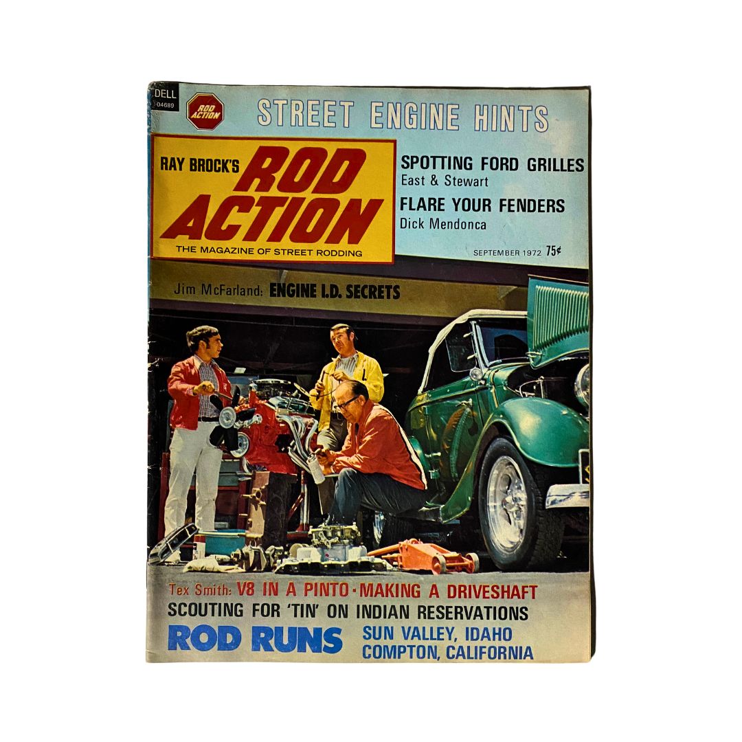 Cover of VTG Rod Action Magazine from September 1972 featuring an article by Jim McFarland on Engine ID Secrets. The magazine showcases automotive enthusiasts working on an engine with a classic green car in the background, highlighting the rich history of street rodding.