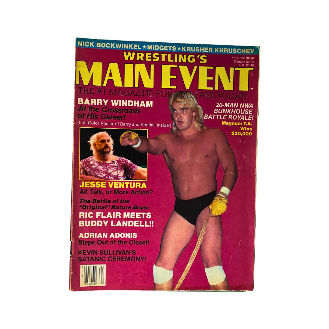 Cover of VTG Wrestling's Main Event Magazine April 1986 featuring Barry Windham at the crossroads of his career, highlighting wrestling insights including Jesse Ventura, Ric Flair, and Adrian Adonis.