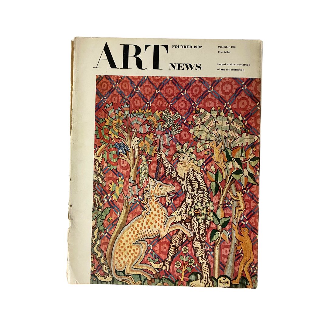 Cover of VTG Art News Magazine December 1955 featuring Wild Men and Moors Tapestry illustration, showcasing vibrant colors and intricate designs.