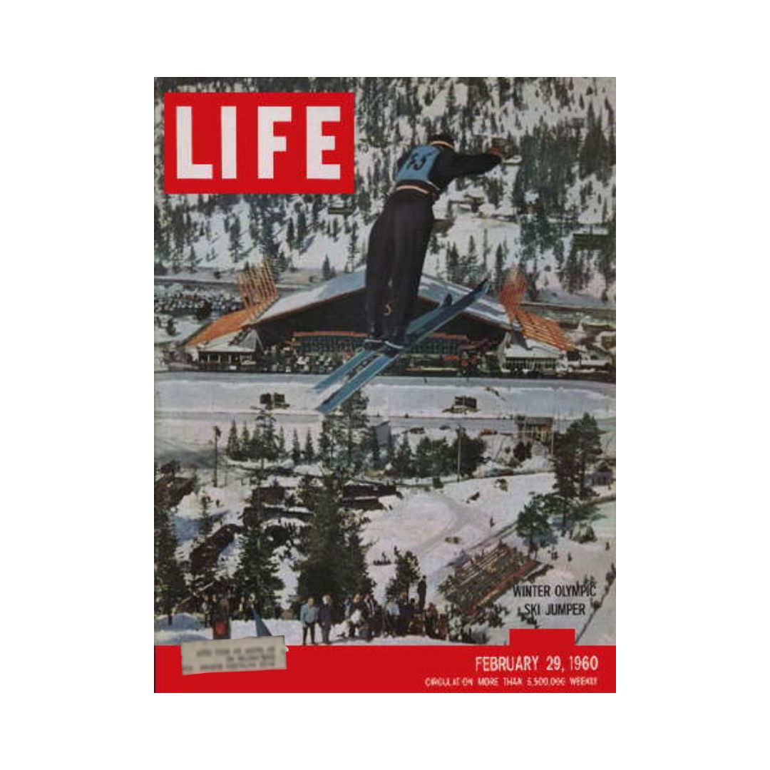 Cover of Life Magazine dated February 29, 1960 featuring a ski jumper during the Winter Olympics, capturing the essence of winter sports in Squaw Valley, California.