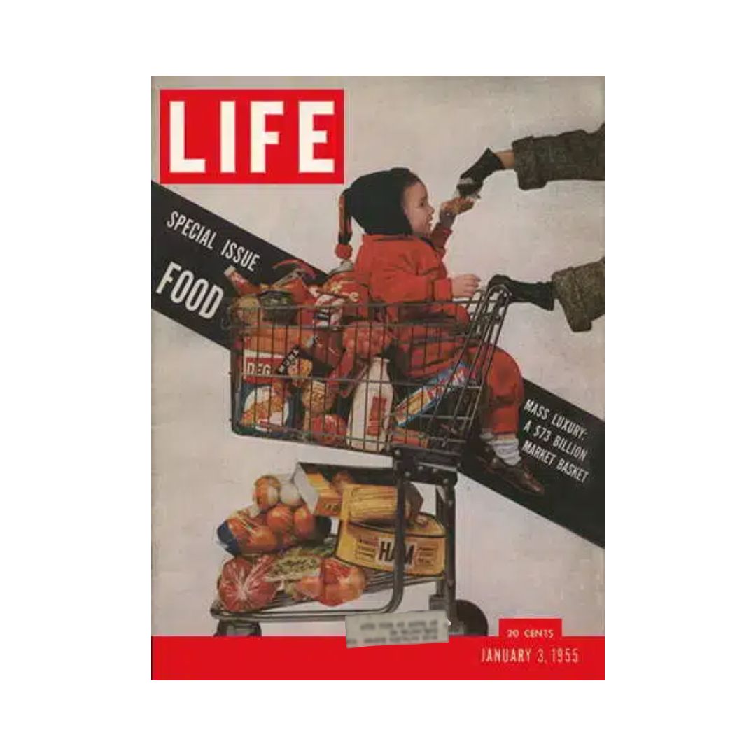 Cover of the VTG Life Magazine January 3, 1955 Food Special Issue featuring a child in a shopping cart filled with groceries, emphasizing the theme of food culture and the supermarket industry during the post-war era.