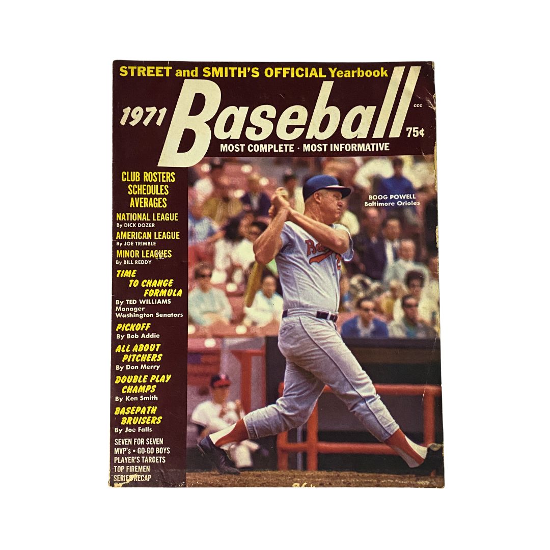 Cover of Street & Smith's Baseball Official Yearbook 1971 featuring Boog Powell, showcasing key themes in baseball including player statistics and historical moments.