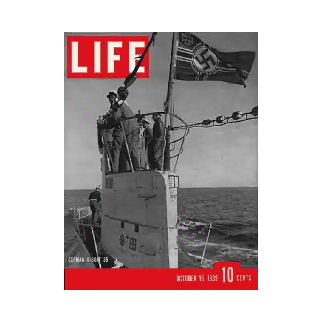 Cover of VTG Life Magazine from October 16, 1939 featuring Nazi German U-boat 35, showcasing historical naval warfare imagery and significant events from World War II.