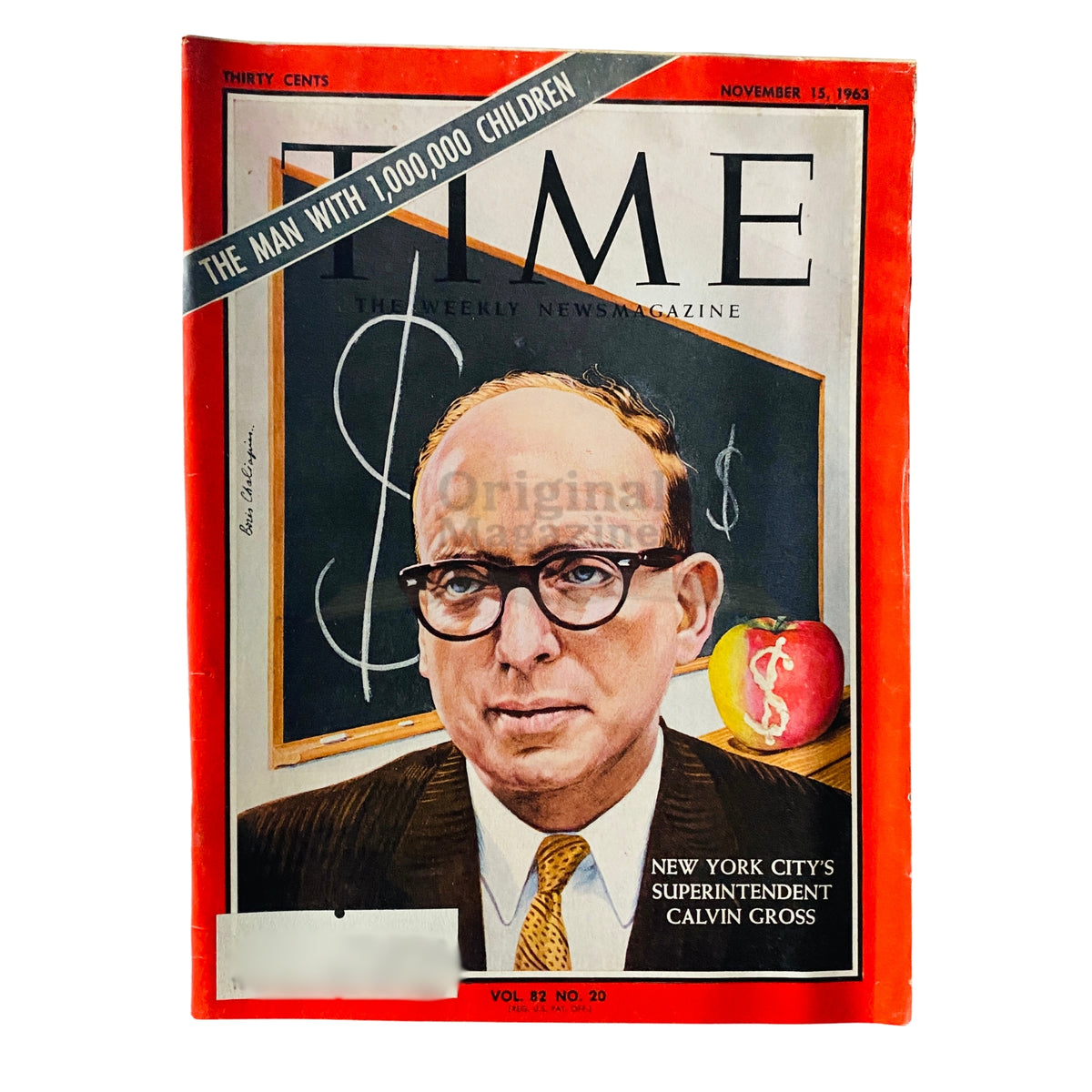 Time Magazine November 15, 1963, Vol 82 No. 20 featuring Superintendent Calvin Gross on the cover, showcasing educational themes from the 1960s with a visually striking illustration.