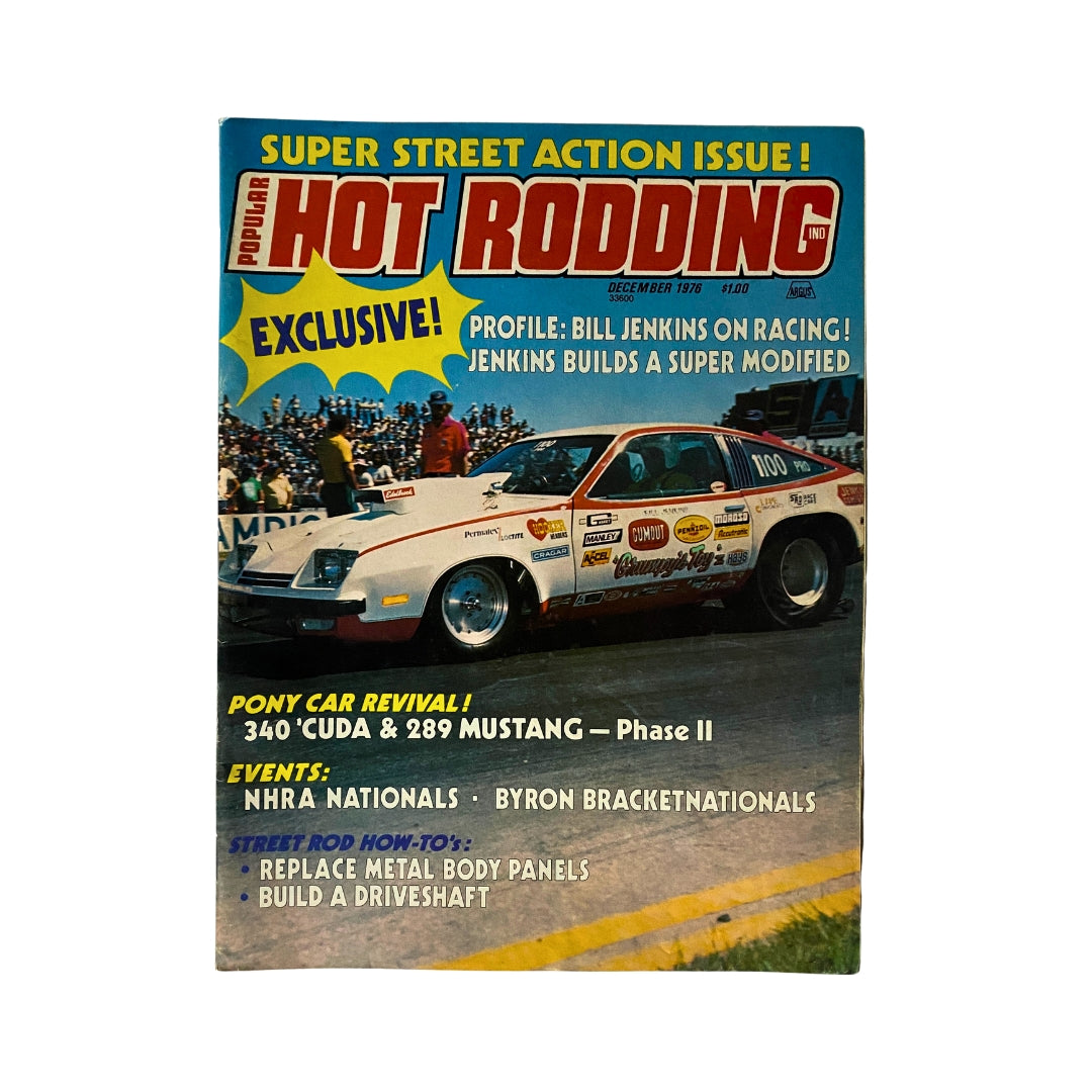 Cover of Popular Hot Rodding Magazine December 1976 featuring Bill Jenkins on Racing, showcasing a super modified car and highlights of street racing events.