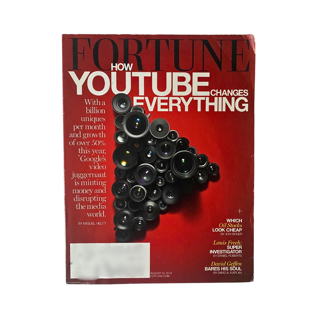 Fortune Magazine August 12, 2013 cover featuring the title 'How YouTube Changes Everything' surrounded by camera lenses, highlighting the impact of YouTube on media.