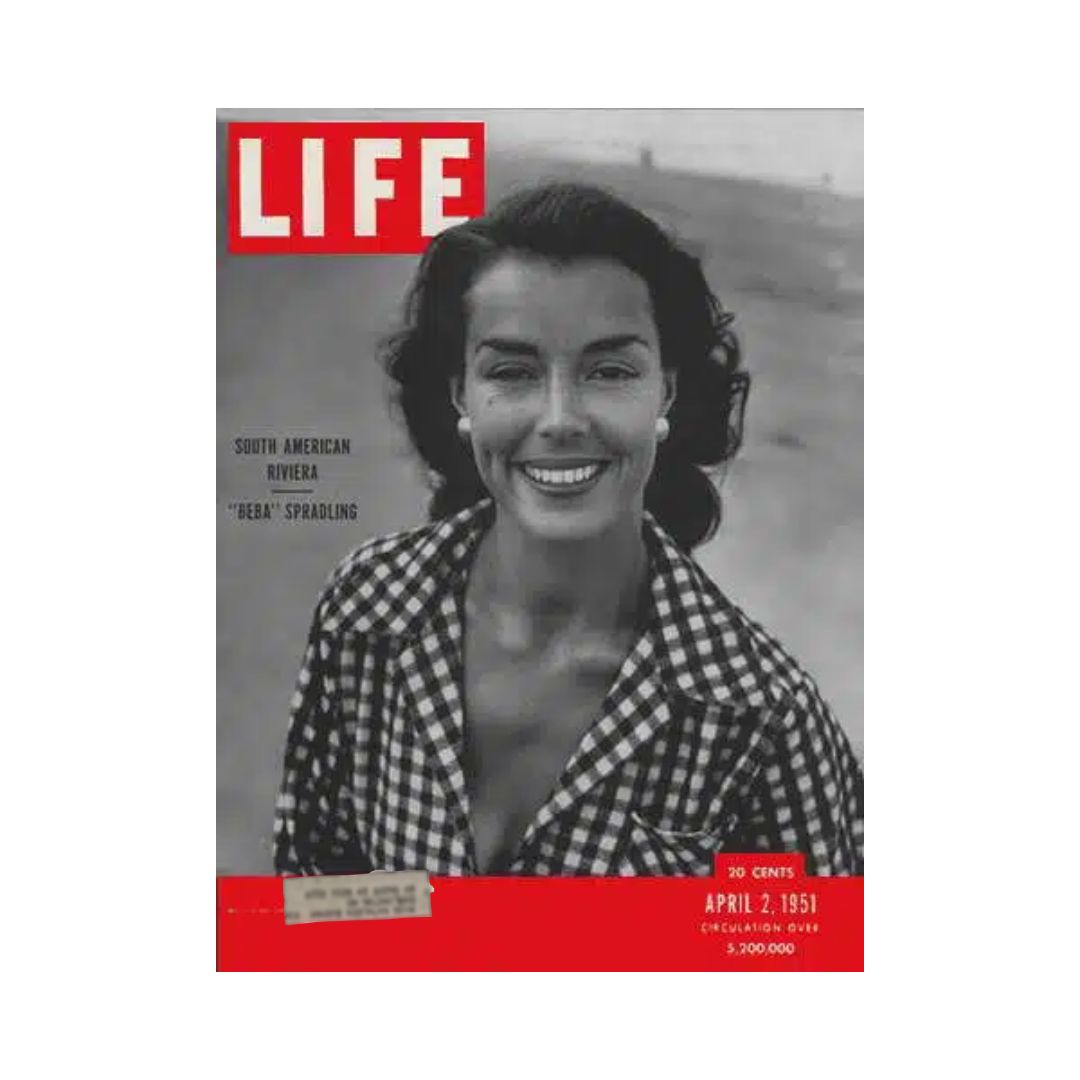 Cover of VTG Life Magazine from April 2, 1951 featuring Beba Spradling, showcasing a vintage Americana aesthetic with a smiling model wearing a checked shirt.
