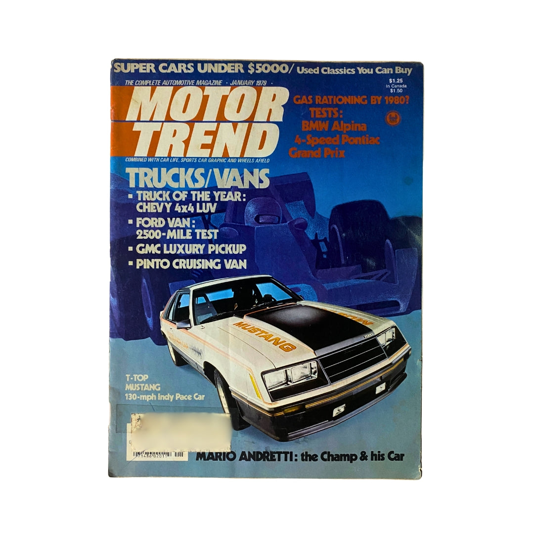 Cover of VTG Motor Trend Magazine January 1979 featuring Mario Andretti, showcasing the Champ and his Car, along with various automotive topics including trucks and vans.