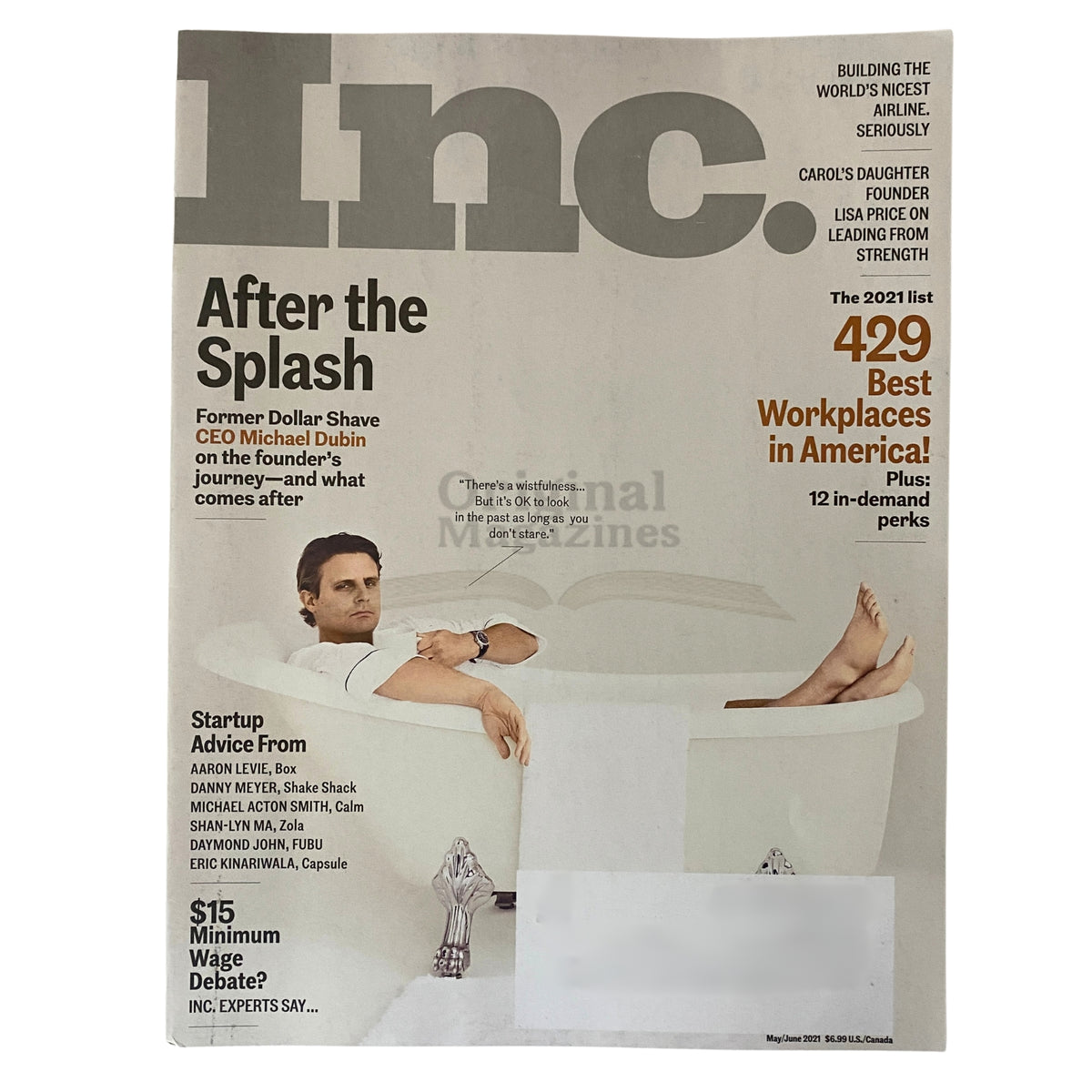 Cover of Inc. Magazine May/June 2021 featuring Former Dollar Shave CEO Michael Dubin, showcasing the headline 'After the Splash' and the 2021 list of '429 Best Workplaces in America'.