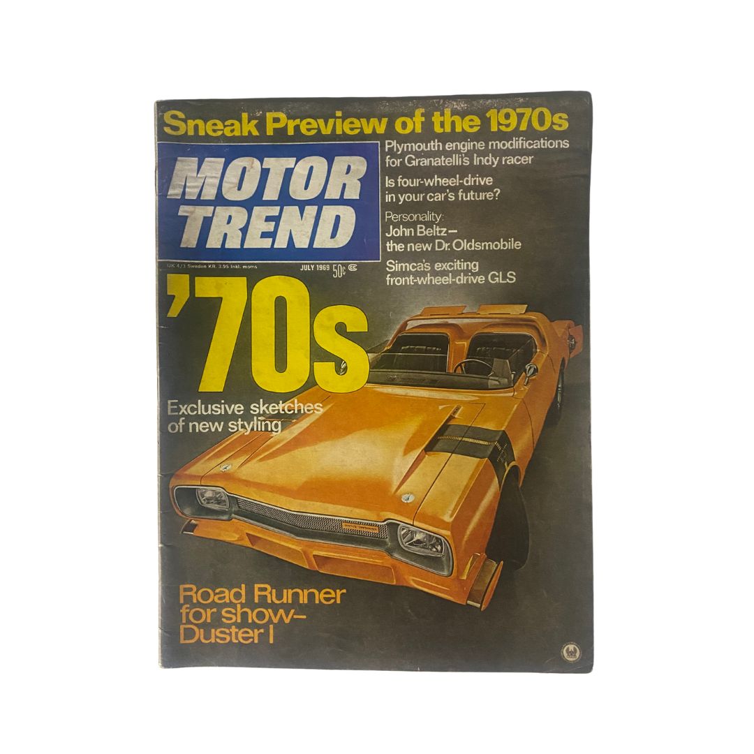Motor Trend Magazine July 1969 cover featuring the Road Runner and Duster I, showcasing a sneak preview of the 1970s automotive styling.