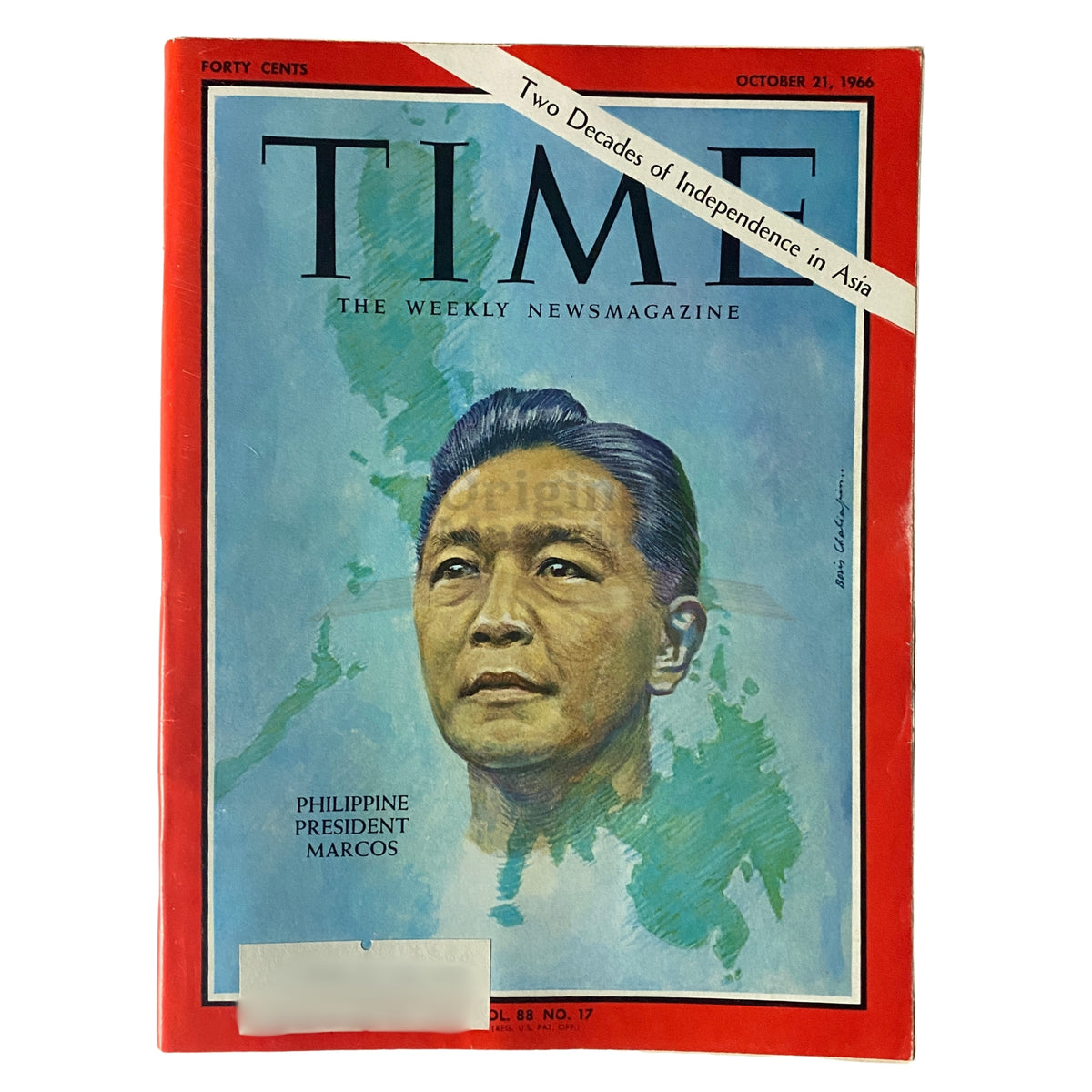 Time Magazine cover from October 21, 1966 featuring Philippine President Ferdinand Marcos, a notable collectible from Original Magazines, displaying art reflecting the political climate of the era.