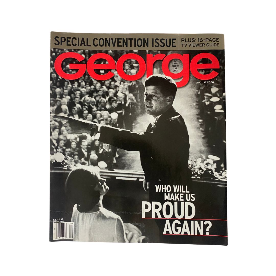 Cover of George Magazine, August 2000, featuring John F. Kennedy and Jackie Kennedy, in very good (VG) condition.