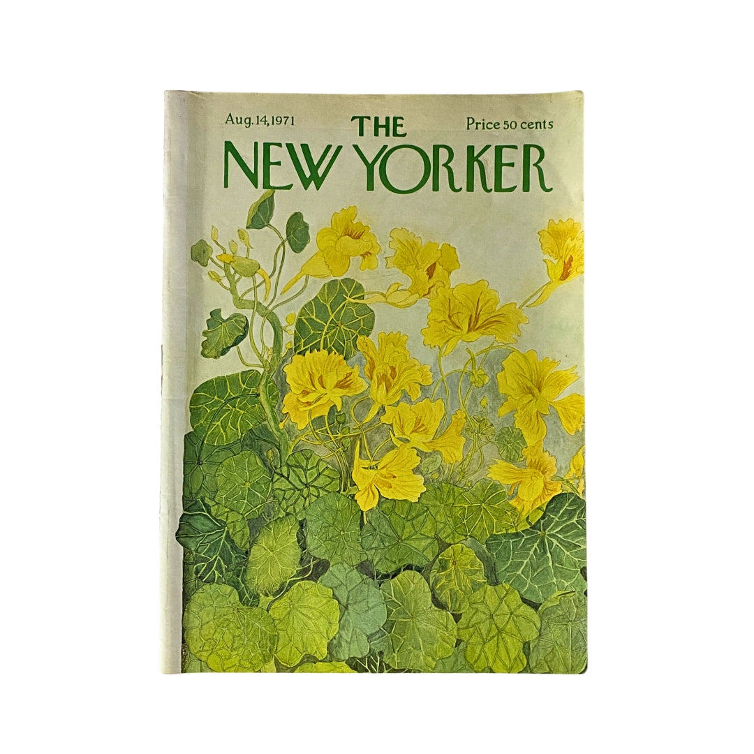 The New Yorker Complete Magazine August 14, 1971, featuring a vibrant cover illustration of yellow flowers and lush greenery, reflecting the artistic style of Ilonka Karasz.