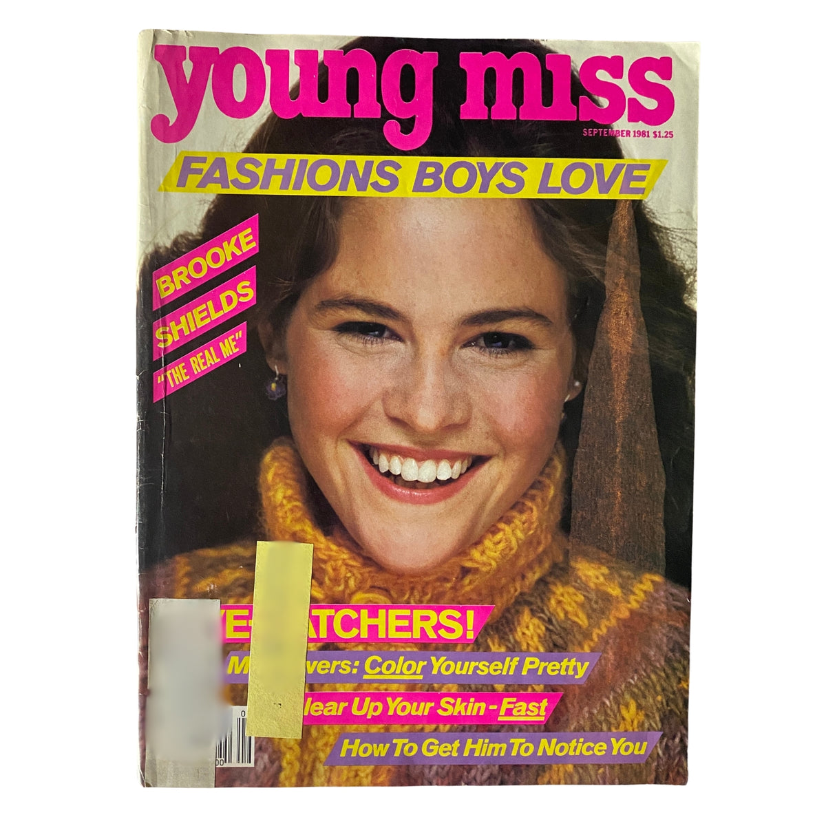 Cover of Young Miss Magazine September 1981 featuring a smiling girl with a colorful sweater, promoting fashion and featuring Brooke Shields.