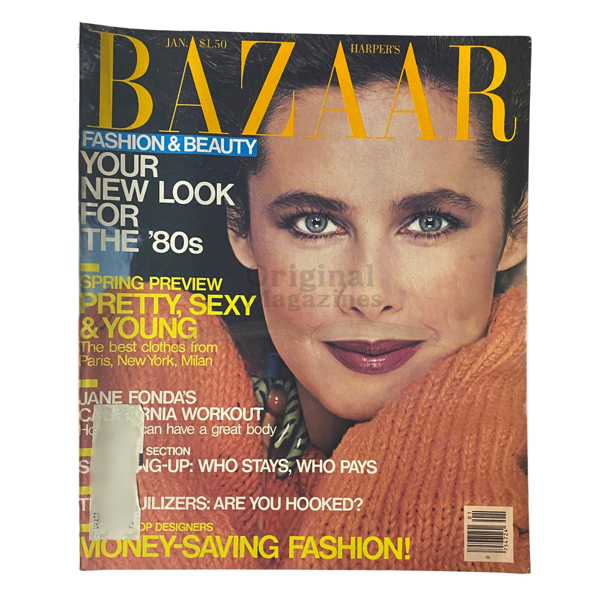 Harper's Bazaar Magazine January 1980 Dayle Haddon Cover featuring a striking image of Dayle Haddon with bold lipstick and an elegant sweater, highlighting fashion from the 1980s.
