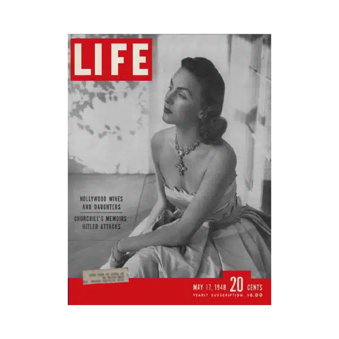 Cover of the VTG Life Magazine from May 17, 1948 featuring Hollywood Women, showcasing a glamorous photo of a woman in elegant attire with a necklace, with titles related to Hollywood wives and daughters.