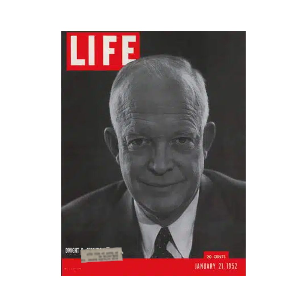 Cover of VTG Life Magazine from January 21, 1952 featuring Dwight D. Eisenhower, showcasing classic design and vintage media.