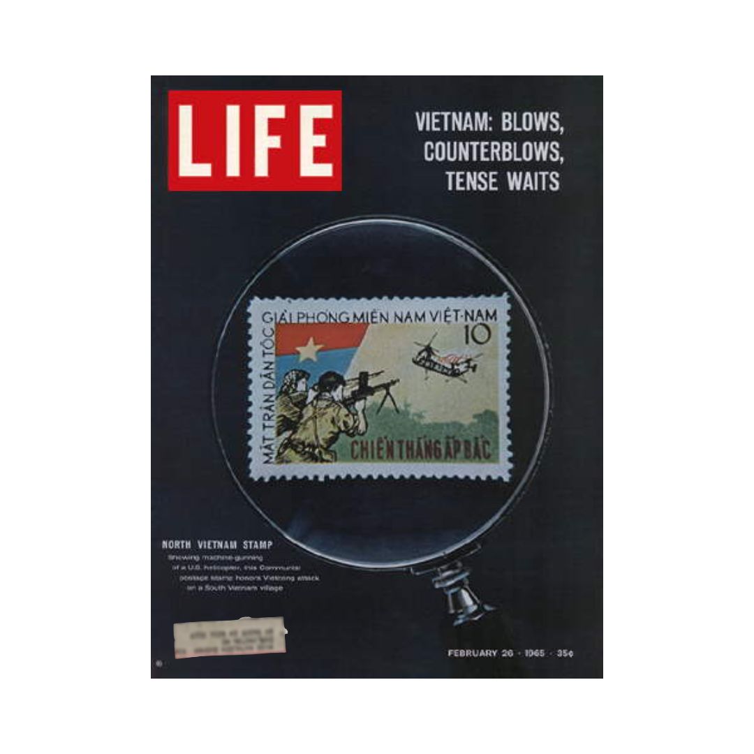 Vintage 1965 Life Magazine cover featuring a North Vietnam postage stamp, showcasing cultural highlights and historical context related to the Vietnam War. The magazine title reads 'LIFE' with the subtitle 'Vietnam: Blows, Counterblows, Tense Waits', emphasizing its significance for collectors and history enthusiasts.