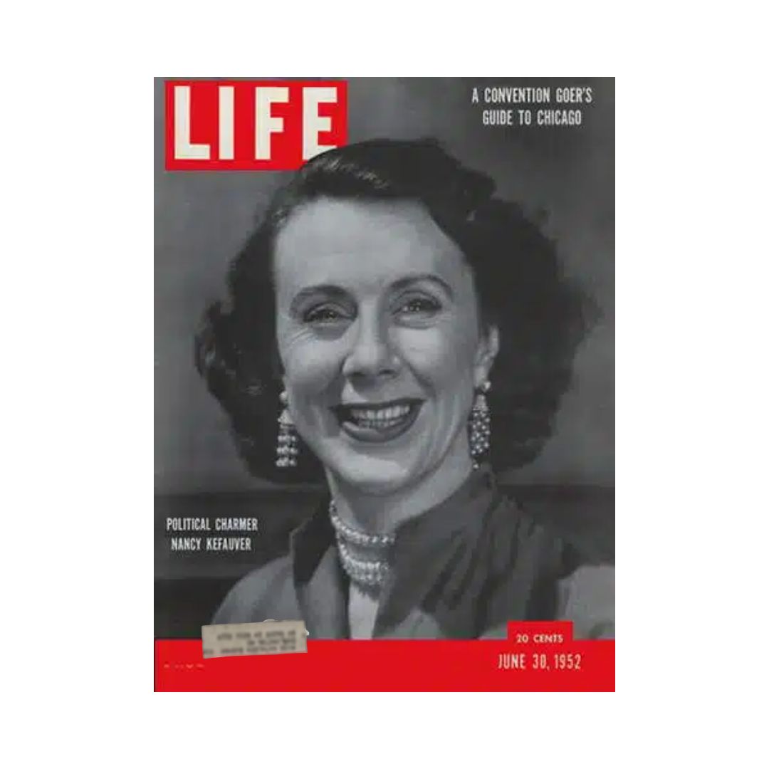 Cover of VTG Life Magazine dated June 30, 1952 featuring Nancy Kefauver, showcasing a charming image of her smiling, highlighted as a political charmer.