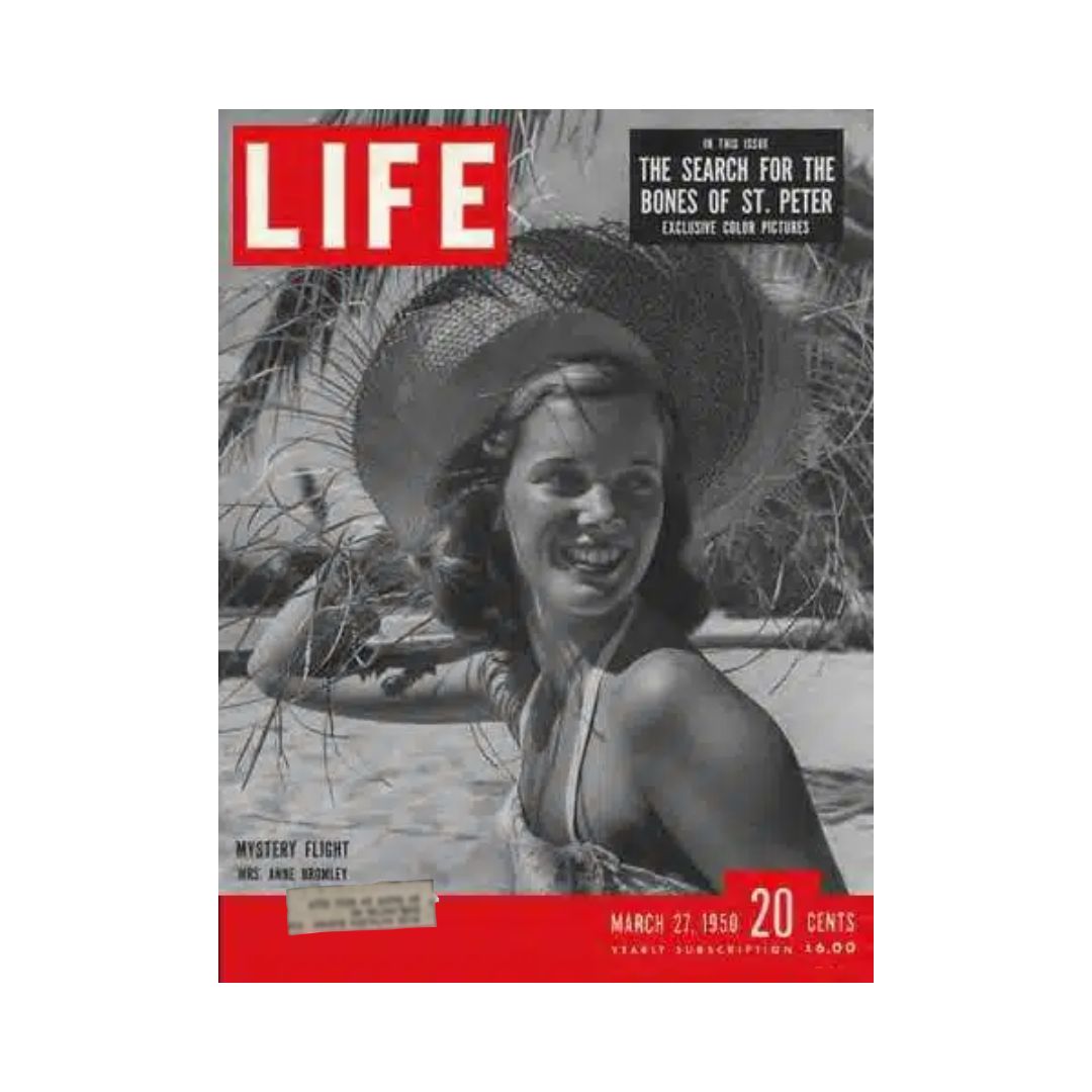 VTG Life Magazine March 27, 1950 cover featuring model Anne Bromley in a stylish beach setting, showcasing vintage fashion of the 1950s.