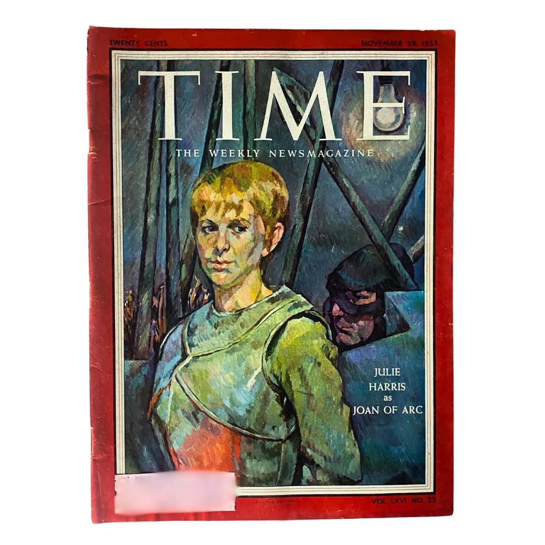 Vintage Time Magazine from November 28, 1955, featuring Julie Harris as Joan of Arc on the cover, showcasing mid-20th century magazine artistry.