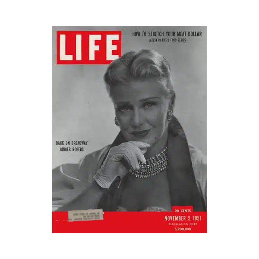 Vintage Life Magazine cover from November 5, 1951, featuring Ginger Rogers, Actress and Dancer, highlighting her return to Broadway.