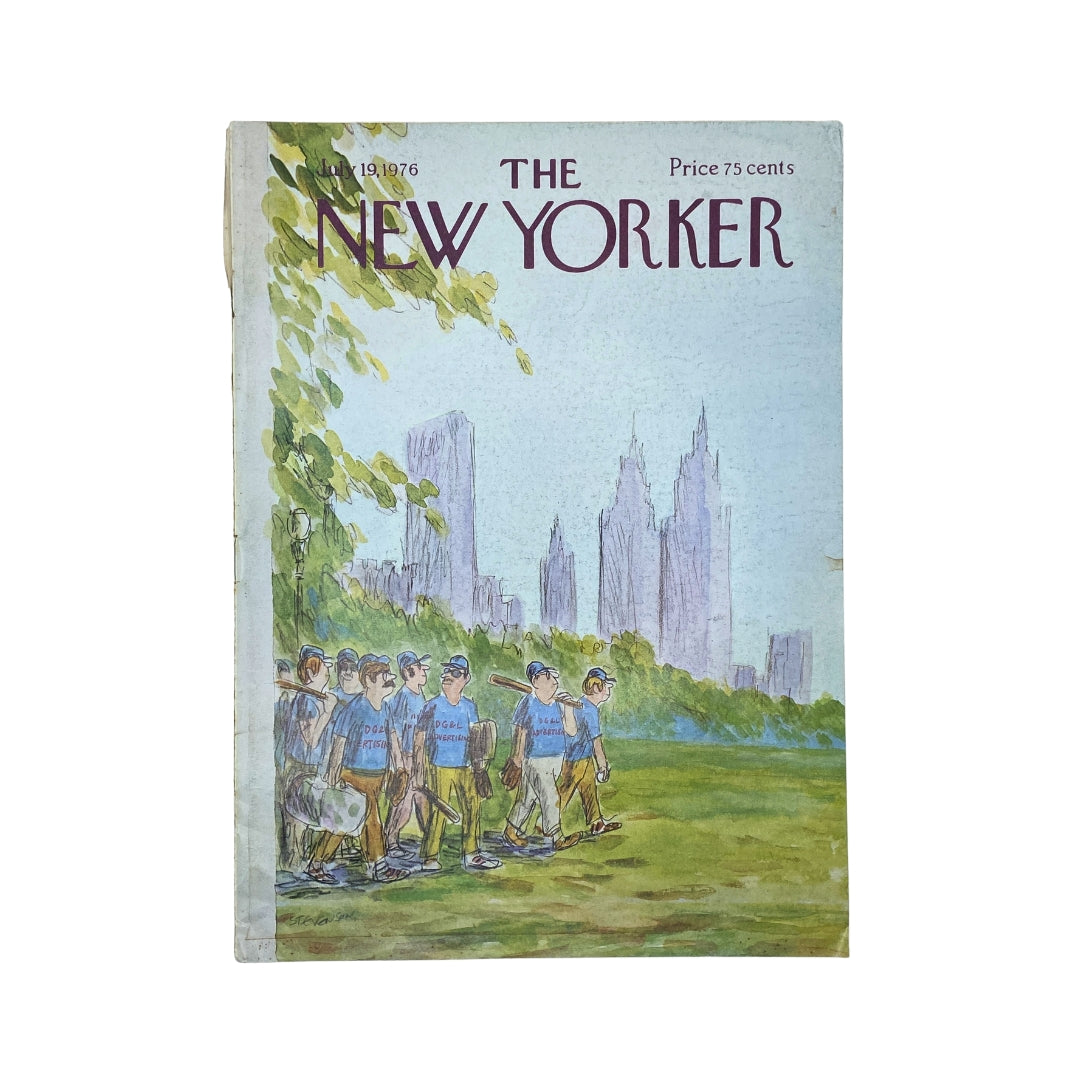 The New Yorker Complete Magazine July 19, 1976 featuring a colorful cover illustration by James Stevenson, depicting a baseball team walking in a park with city skyscrapers in the background.