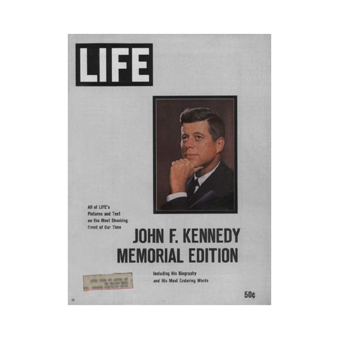 Cover of the VTG Life Magazine December 1963 John F. Kennedy Memorial Edition featuring a portrait of John F. Kennedy, highlighting the text 'All of LIFE's Pictures and Text on the Most Shocking Event of Our Time'.