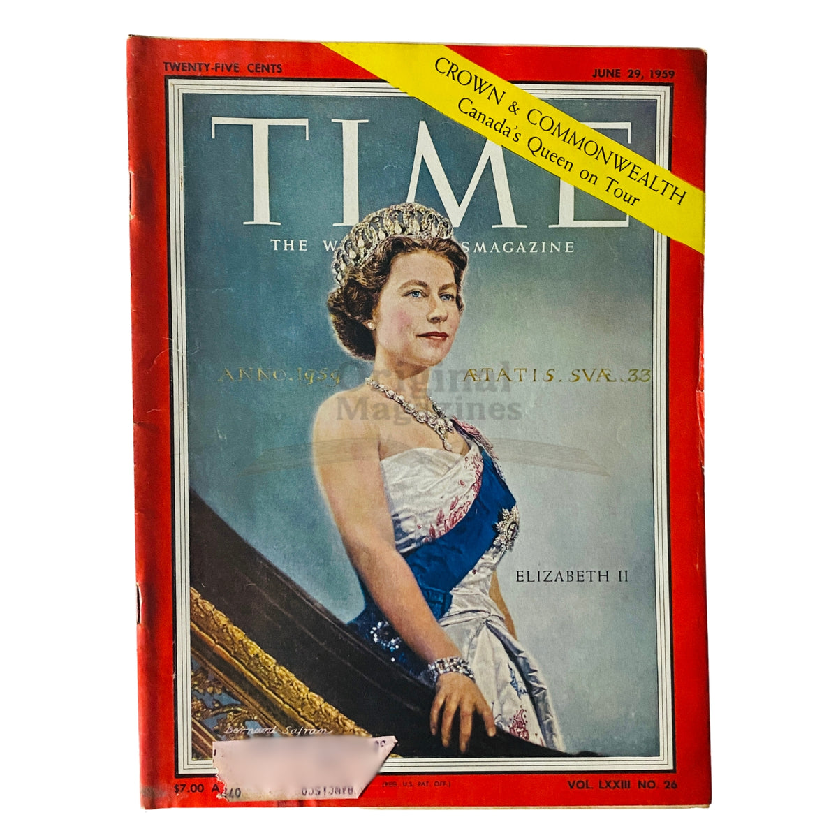 Time Magazine June 29 1959 Volume 73 Number 26 featuring Queen Elizabeth II on the cover depicting her royal tour.