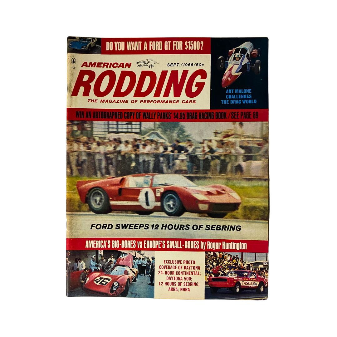 Cover of VTG American Rodding Magazine September 1966 featuring Ford Sweeps 12 Hours of Sebring, showcasing classic automotive racing history.