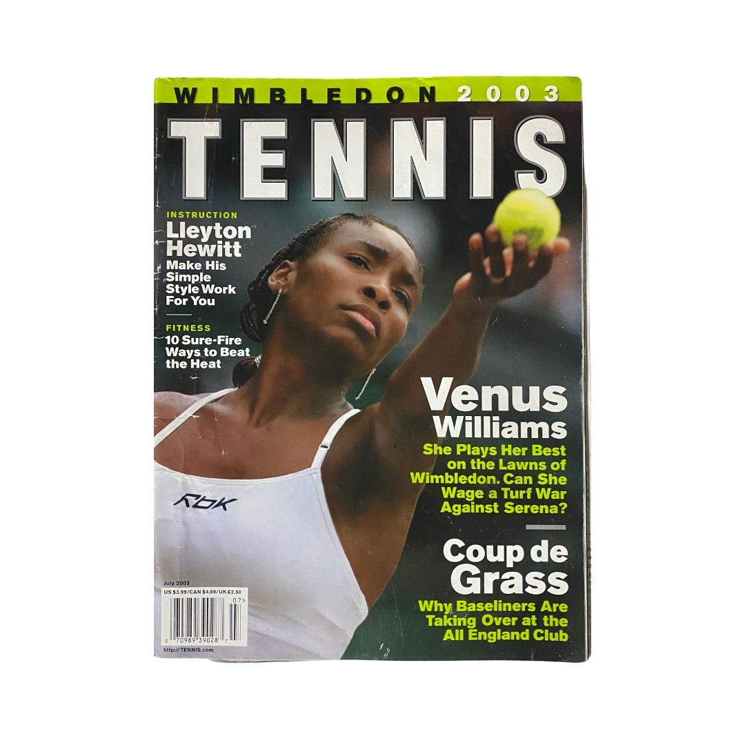 Cover of Tennis Magazine July 2003 featuring Venus Williams, showcasing her playing tennis with a focused expression.