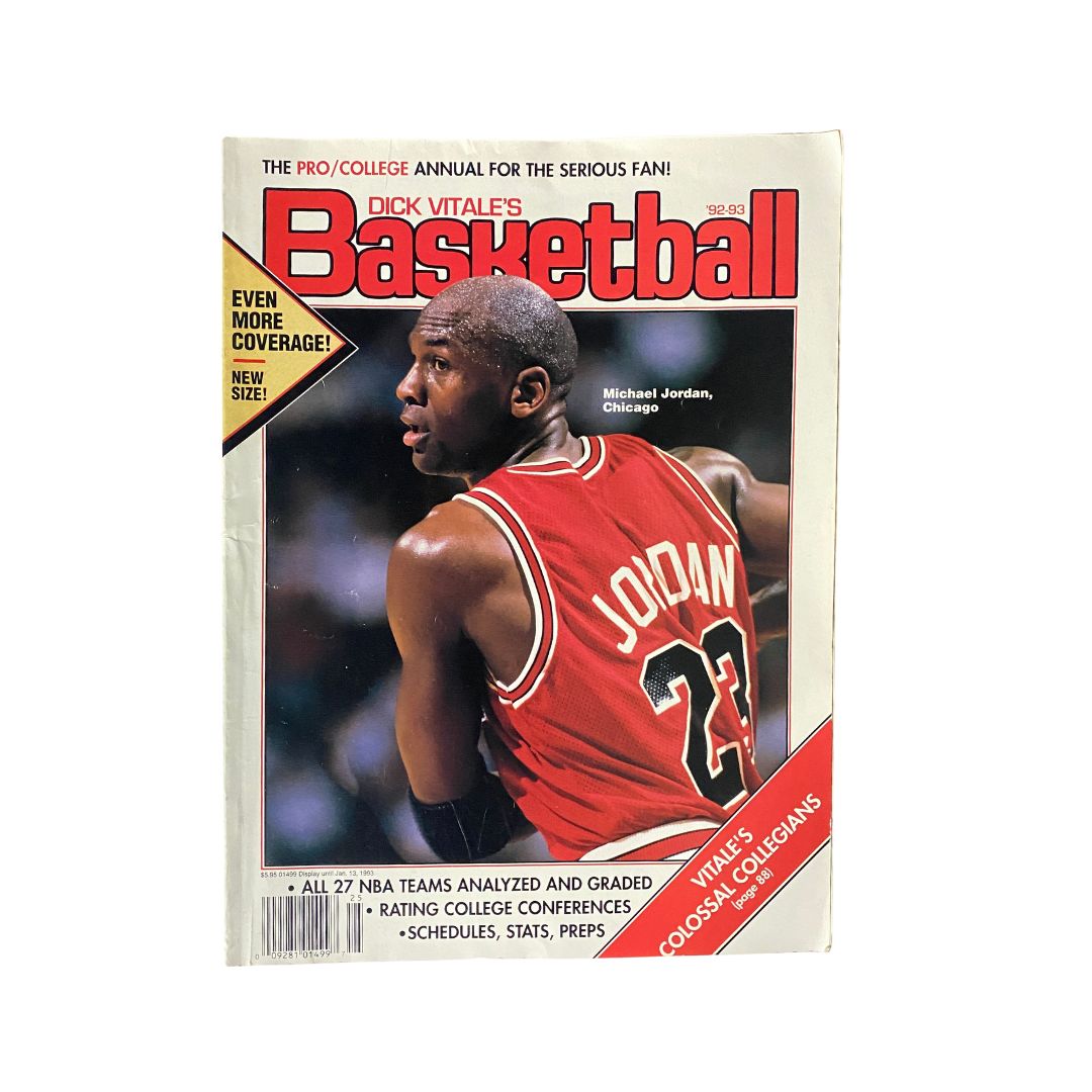 Cover of Dick Vitale's Basketball Magazine from 1992 featuring Michael Jordan of the Chicago Bulls, highlighting vintage NBA culture.
