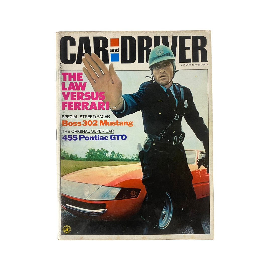 Vintage Car and Driver Magazine January 1970 cover featuring the iconic 455 Pontiac GTO and Boss 302 Mustang, showcasing a police officer and muscle cars.