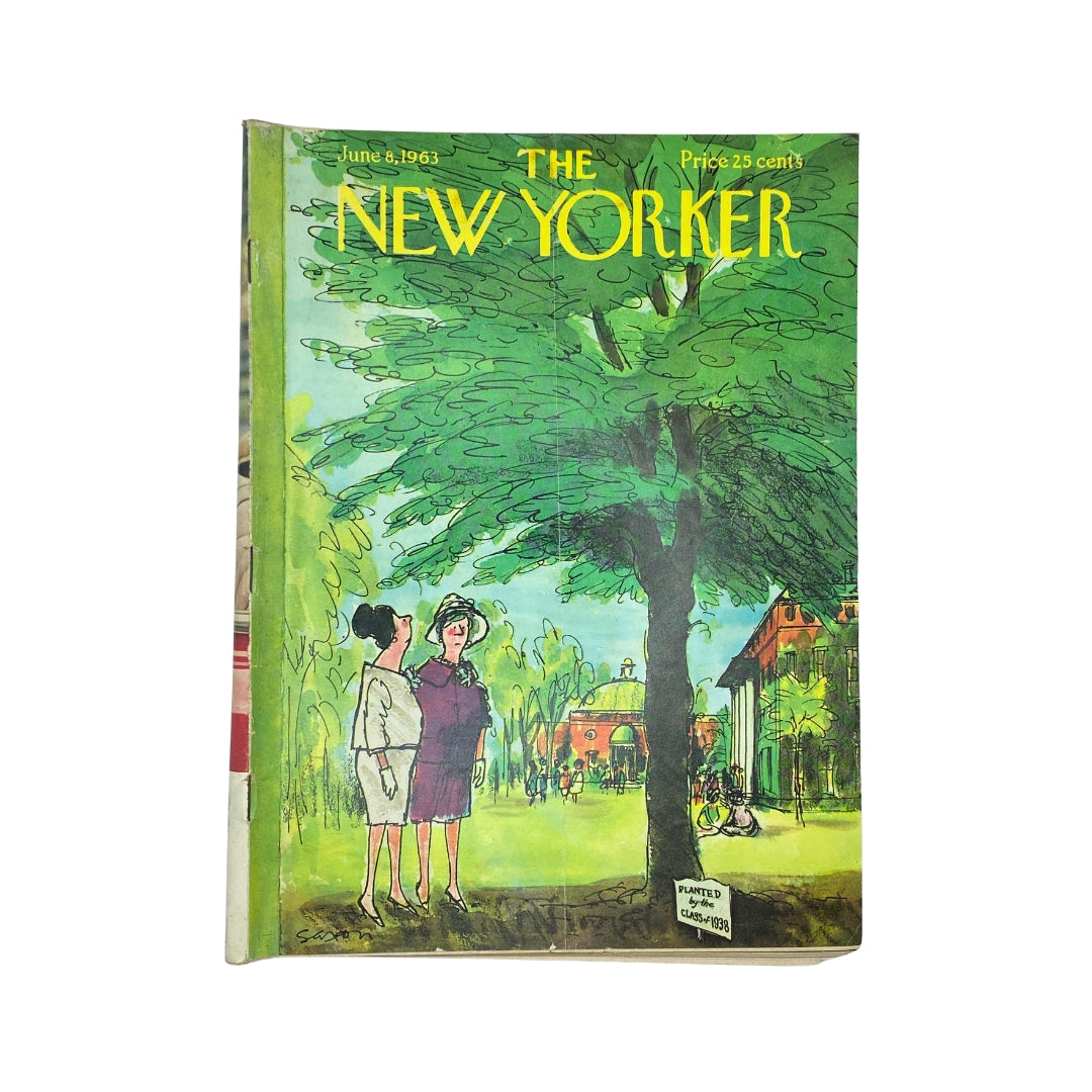 The New Yorker Complete Magazine June 8, 1963 Charles Saxon Cover featuring a vibrant illustration of women standing under a large tree in a park.
