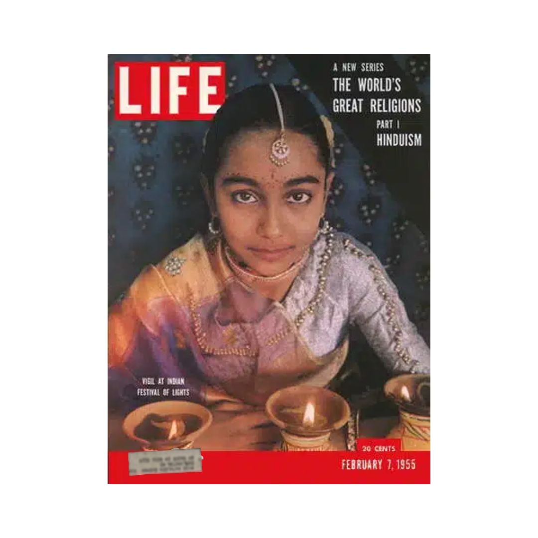Cover of VTG Life Magazine from February 7, 1955, featuring a young girl at the Indian Festival of Lights, depicting Part I of 'The World's Great Religions: Hinduism'.