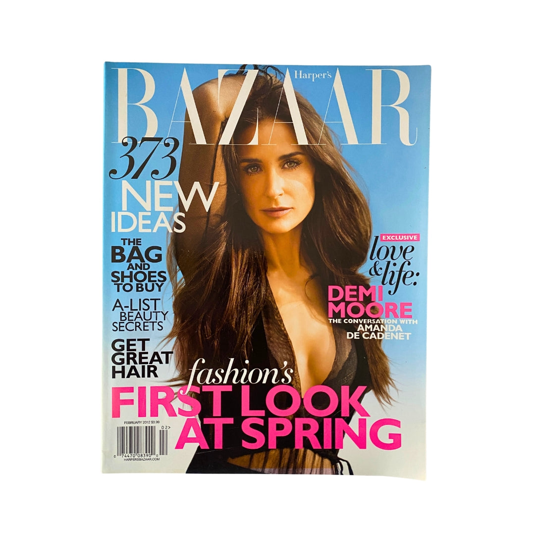 Harper's Bazaar Magazine February 2012 cover featuring Demi Moore, showcasing fashion trends and style insights in vibrant colors.