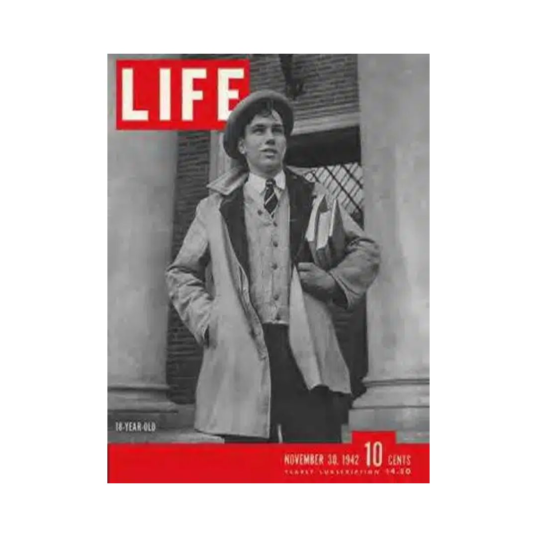 VTG Life Magazine cover from November 30, 1942 featuring 18-Year-Old Bob Berger, showcasing vintage fashion and wartime themes.