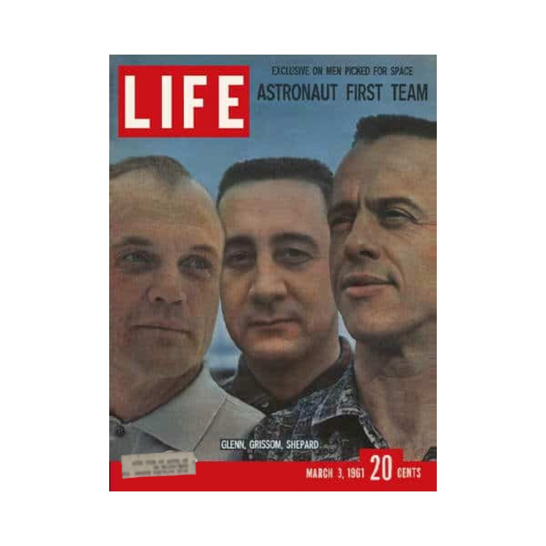 Cover of VTG Life Magazine March 3, 1961 featuring astronauts Glenn, Grissom, and Shepard, showcasing the early explorations of space.