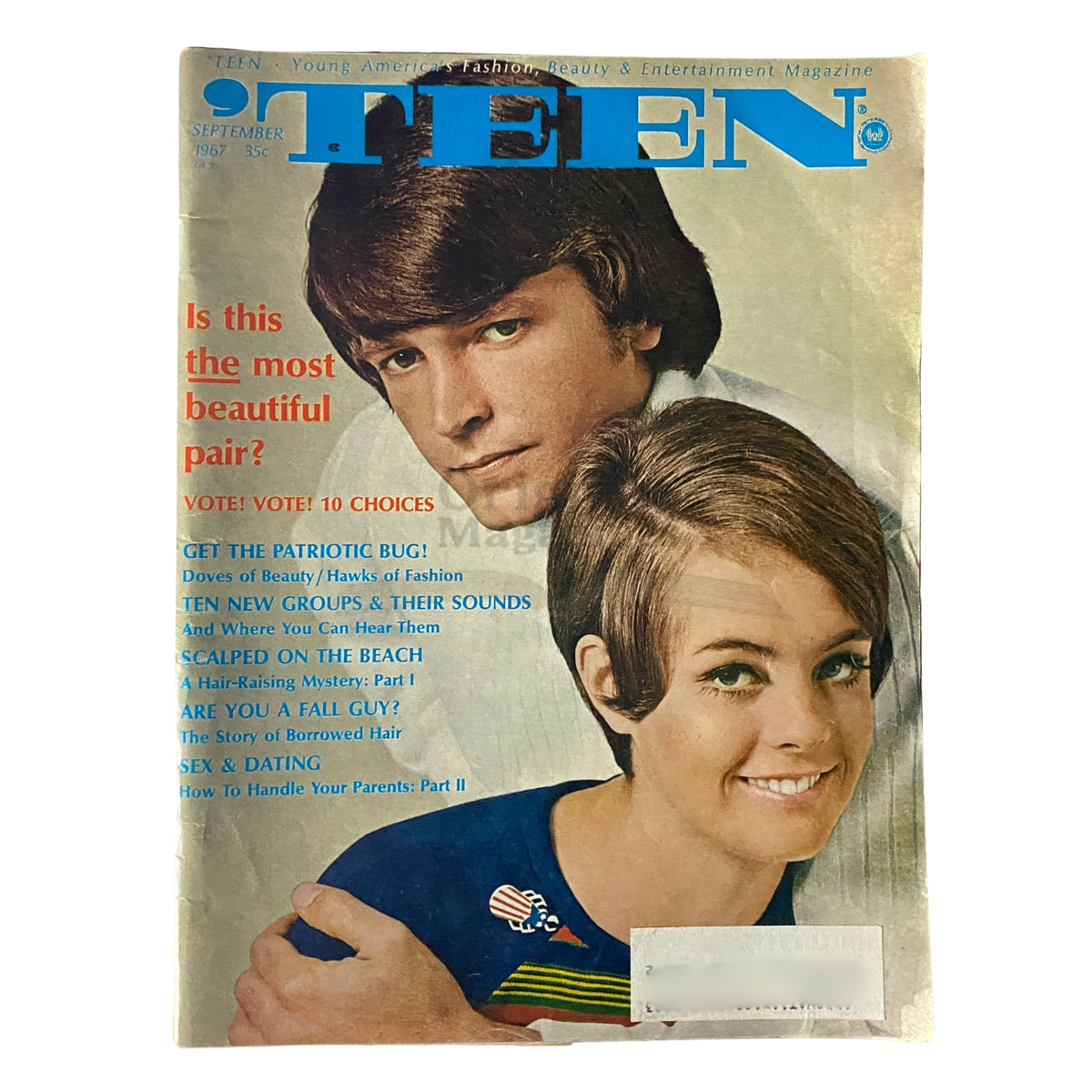 Teen Magazine September 1967 cover featuring a stylish couple showcasing beauty, fashion, and youth culture. The cover includes articles like 'Is this the most beautiful pair?' and 'Riot at the Fair, Part II'.