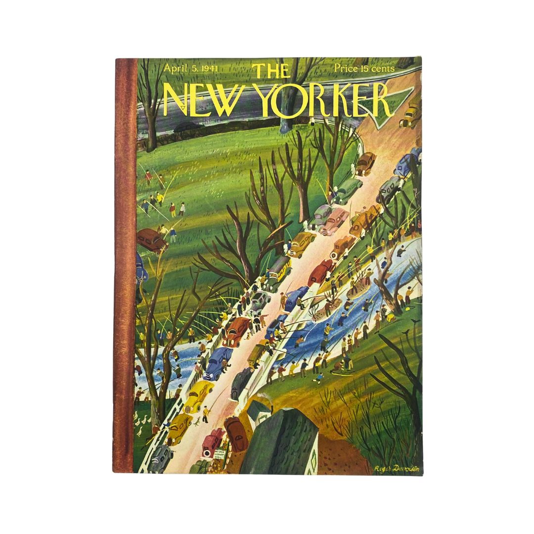 Cover of The New Yorker Complete Magazine April 5, 1941 featuring Roger Duvoisin's artwork, showcasing a colorful scene with cars and people in a pastoral setting.