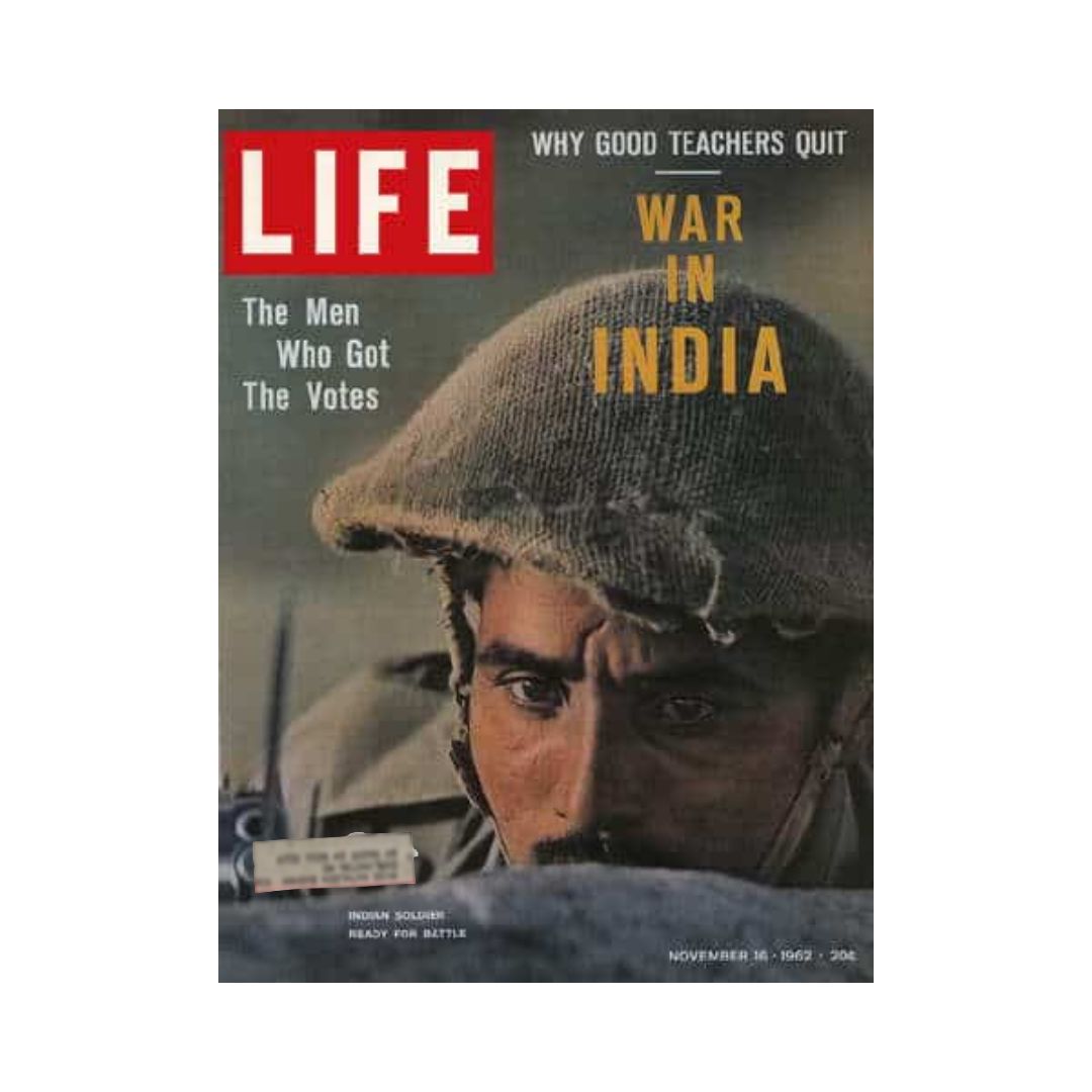 Cover of VTG Life Magazine November 16, 1962 featuring a soldier focused on the War in India, reflecting the intense geopolitical climate of the 1960s.