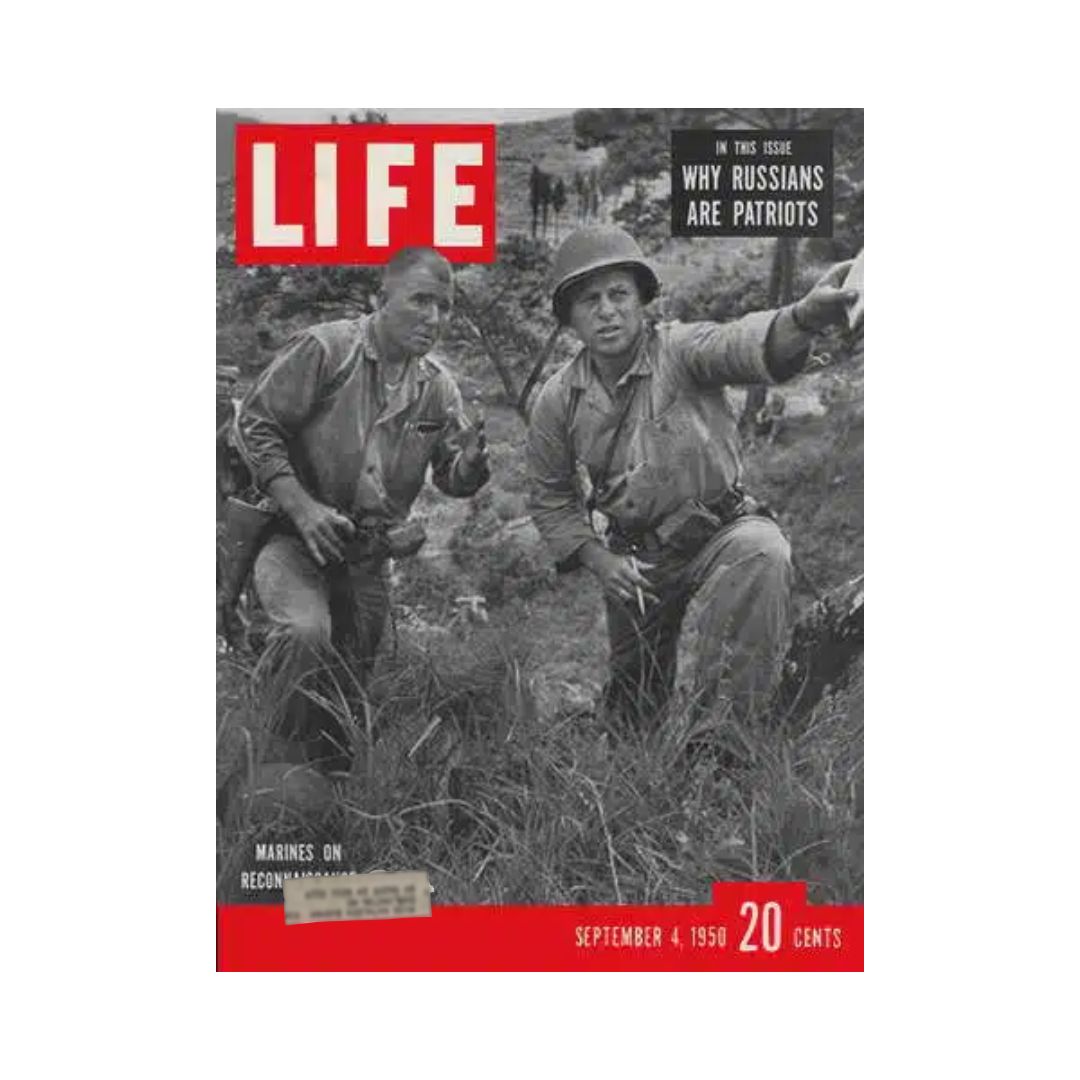 VTG Life Magazine September 4, 1950 featuring Marines on Reconnaissance, showcasing a striking black and white cover image of Marines in a field, highlighting military themes and historical context.