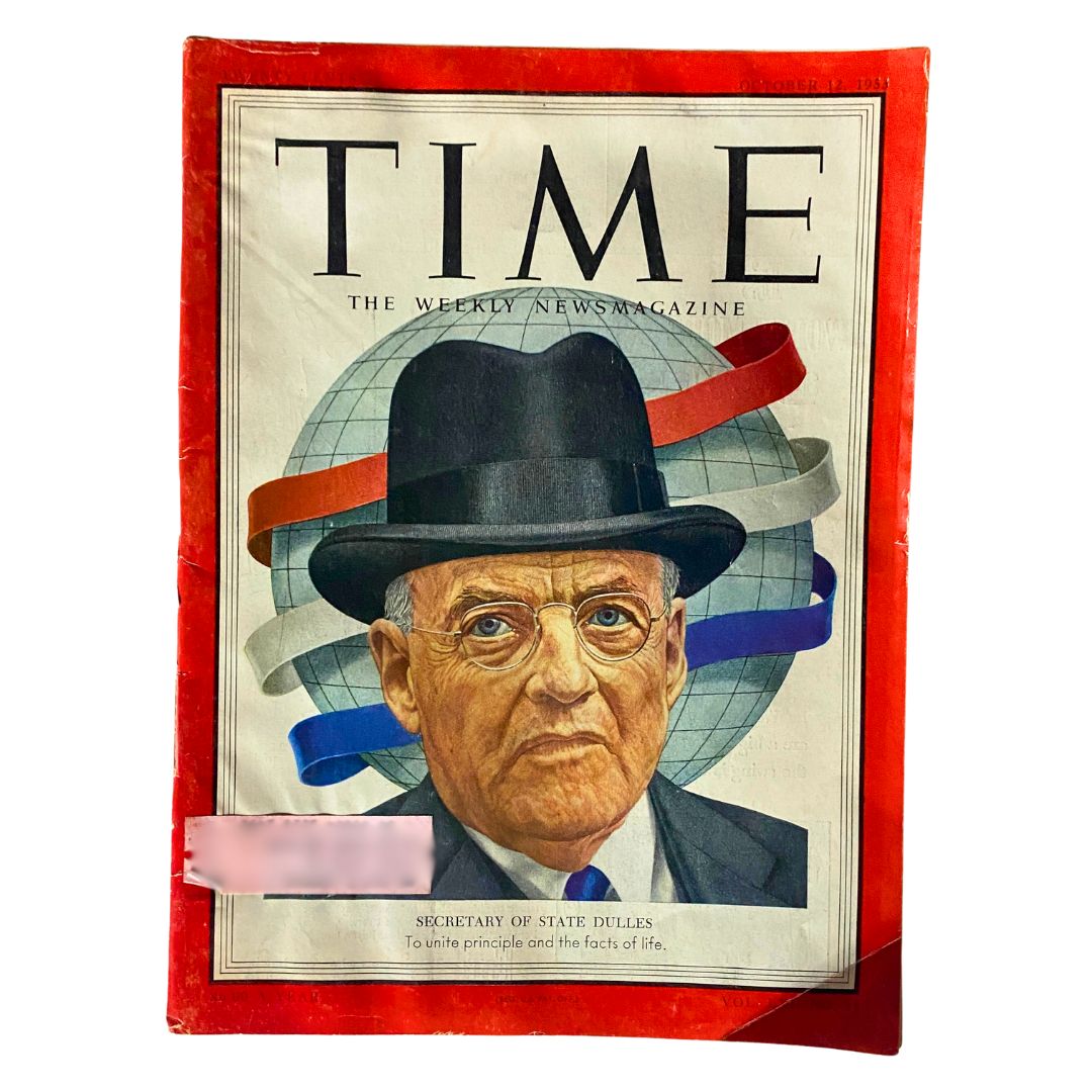 VTG Time Magazine October 12, 1953 cover featuring Secretary of State John Foster Dulles, showcasing a vintage portrait style and vibrant colors.