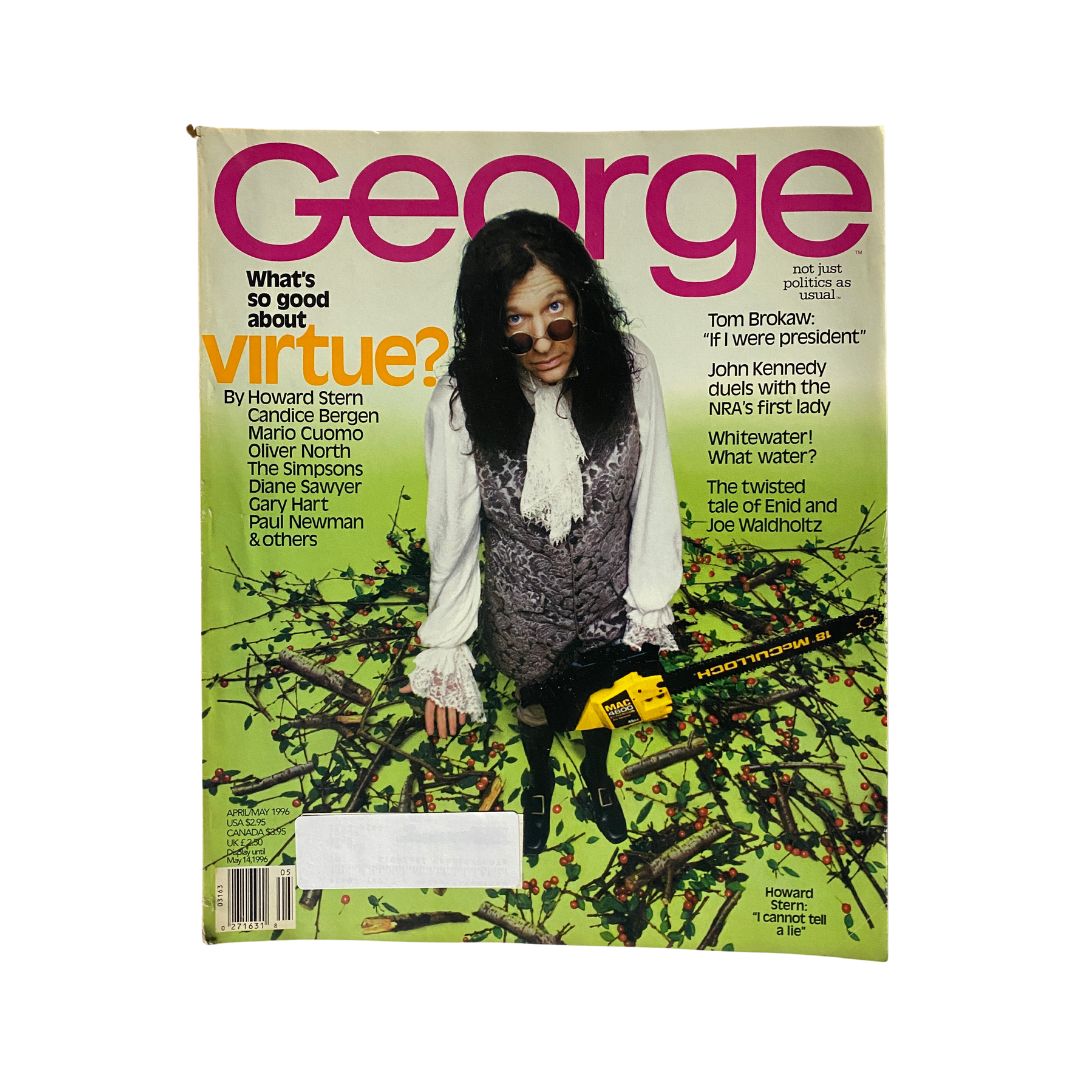 Cover of George Magazine April - May 1996 featuring Howard Stern and Candice Bergen, exploring the theme of virtue with a vibrant green background and eclectic design elements.