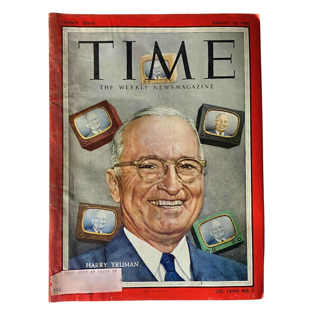 VTG Time Magazine August 13, 1956 Cover featuring Harry S. Truman smiling amidst vintage television sets.