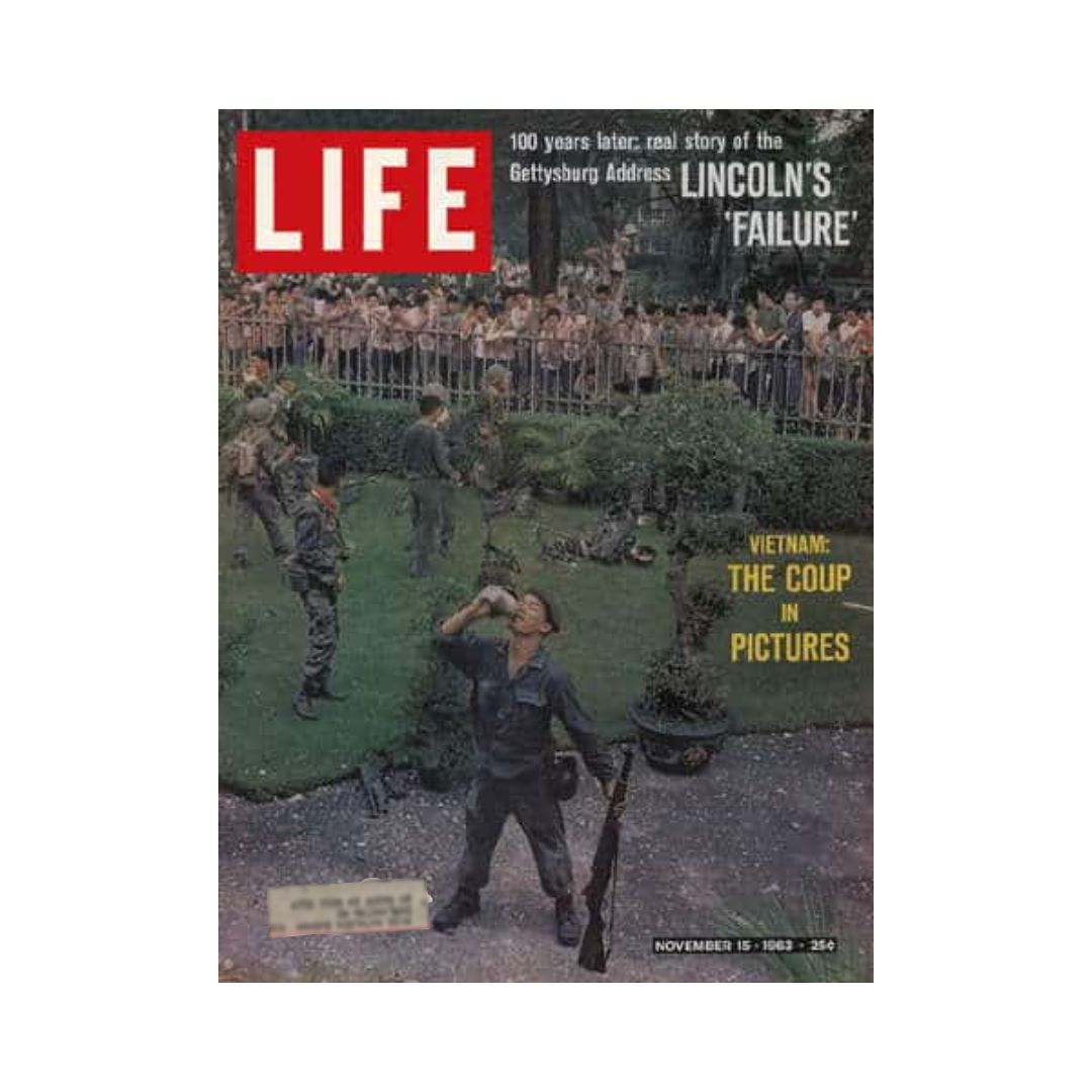 Cover of VTG Life Magazine November 15, 1963 featuring dramatic imagery of the Vietnam Coup in Pictures, showcasing soldiers and historical moments from this significant event.