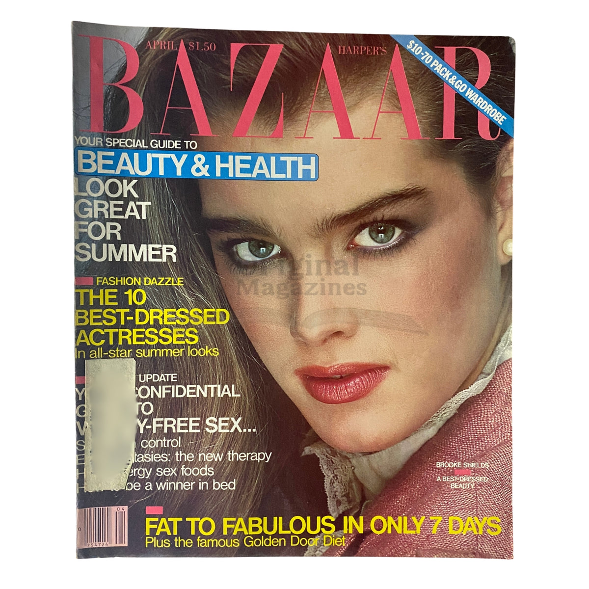 Harper's Bazaar Magazine April 1980 featuring Brooke Shields on the cover, showcasing beauty and health advice for summer, with vibrant fashion headlines.